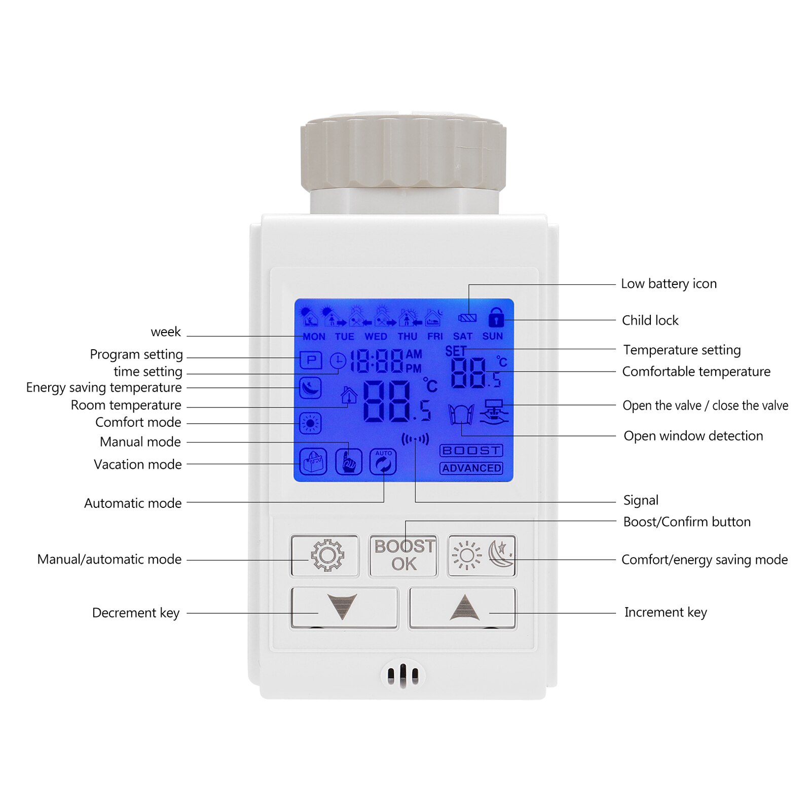 HY369 LCD Digital Screen TRV Thermostatic Radiator Valve Intelligent Temperature Control Heating Thermostatics Radiator Valve