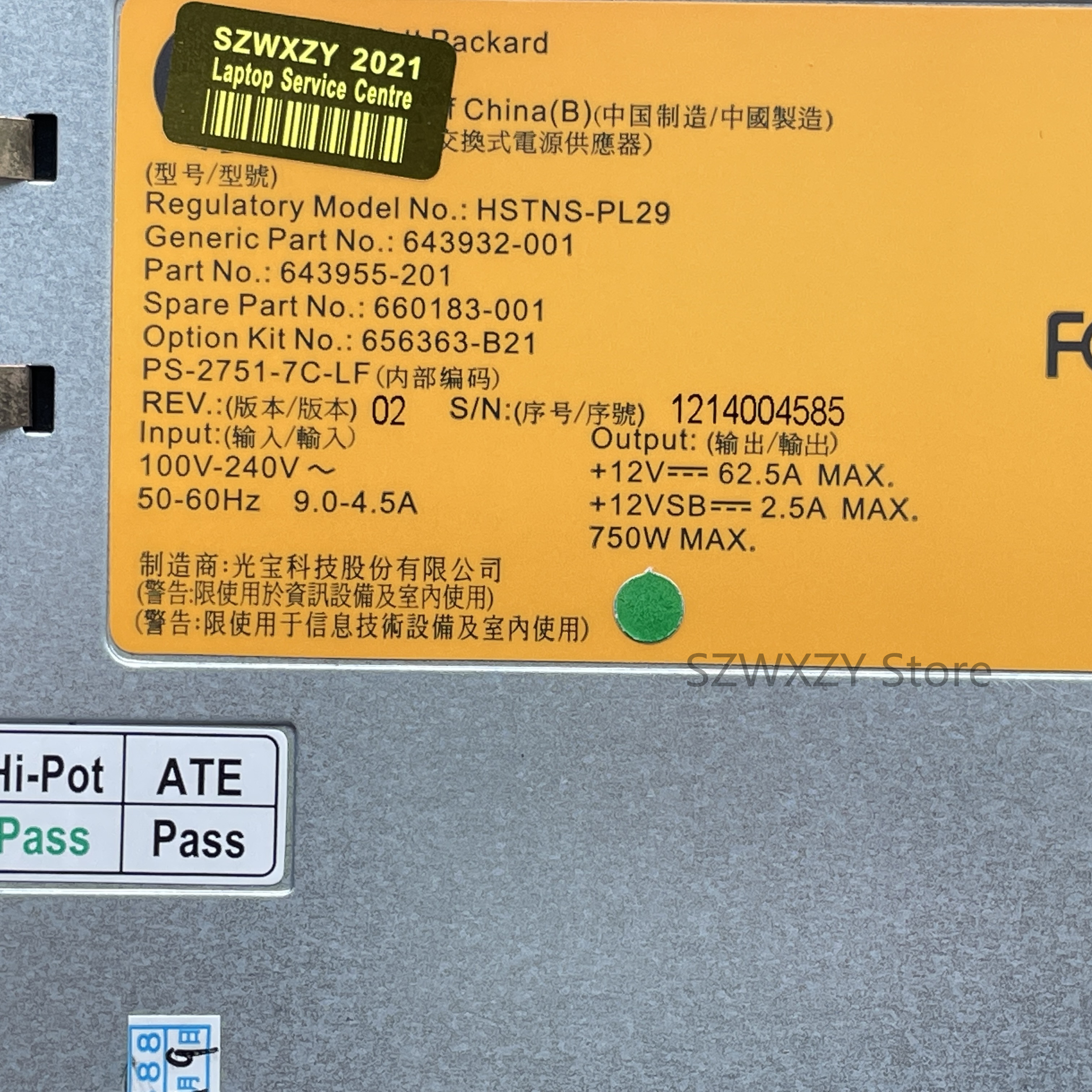 SZWXZY Original For HP DL360P G8 750W Server Power Supply DPS-750AB-3 A 643932-001 643955-201 660183-001 656363-B21 HSTNS-PD29