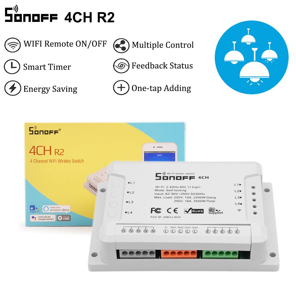 Sonoff 4CH R2 4 Gang Wifi Licht Smart Switch, 4 Kanalen Elektronische Schakelaar Ios Android App Controle, werkt Met Alexa Google Thuis