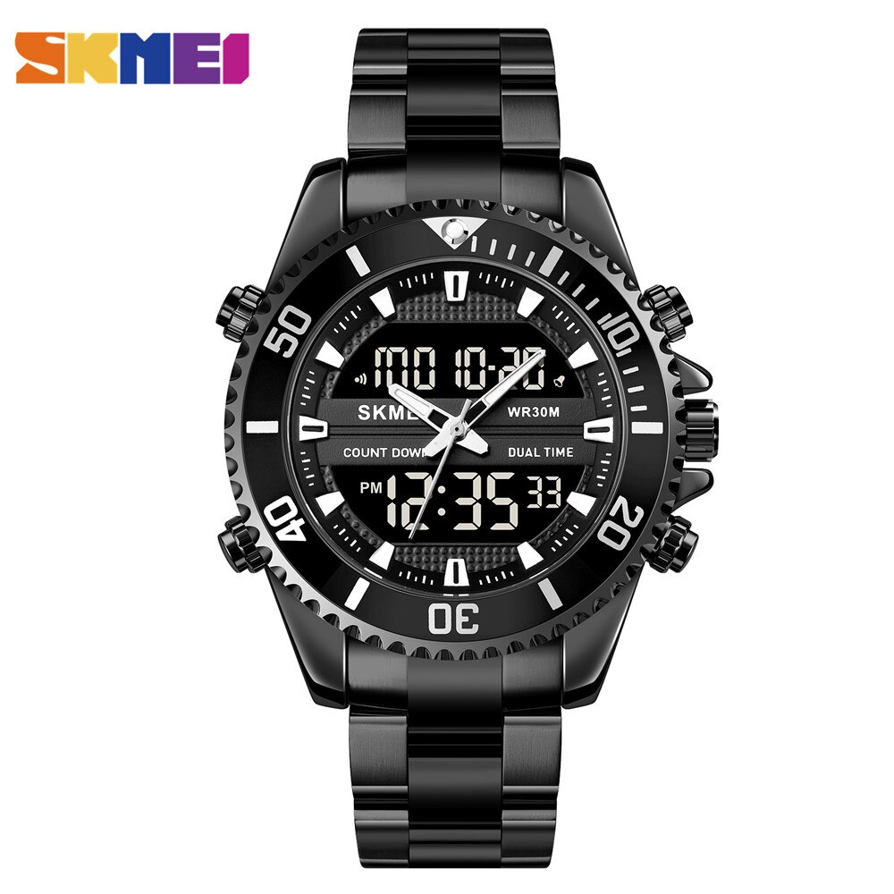 Skmei Dual Display Horloges Heren Mode Digitale Horloges Chrono Alarm Mannen Klok Waterdichte Rvs Relogio Masculino: black black