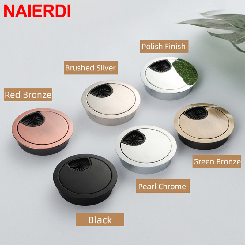 NAIERDI 50/53/60/80mm Cable Hole Cover Zinc Alloy Round Table Wire Hole Covers Outlet Port Computer Desk Grommet Line Holder