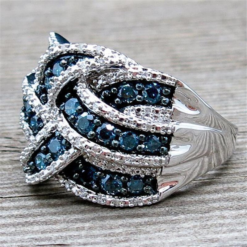 Vintage Blue Crystal Ringen Voor Vrouwen Sieraden Zilveren Vinger Ring Dames Multilayer Luxe Ringen Vrouwelijke Cross Engagement Ring