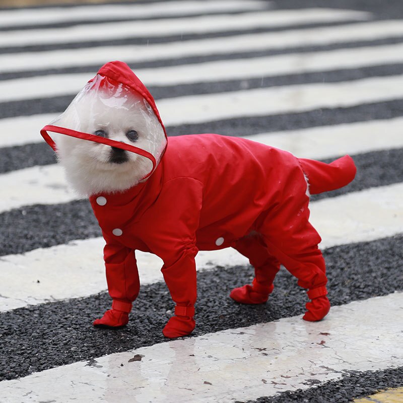 Dog Raincoat Rain Boots Pet Outdoor Waterproof Clothes and Shoes Puppy Warm Four-legged Jumpsuit Chihuahua Accessories Dog Coat: Red / L