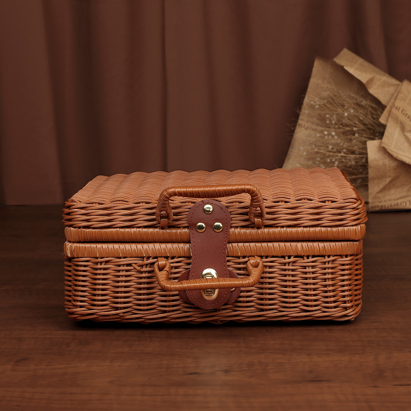 Retro Weave Rattan Storage Box Suitcase Woven Wicker Jewelry Cosmetic Storage Case Picnic Baskets Home Storage Decoration: XL / black