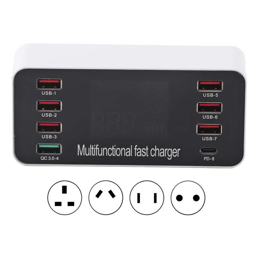 8-  qc3.0 port-usb-ladegerät mit led-digitalanzeige , 60w pd-schnellladefunktion 5v/3.4a 3.0- usb-ladestationen
