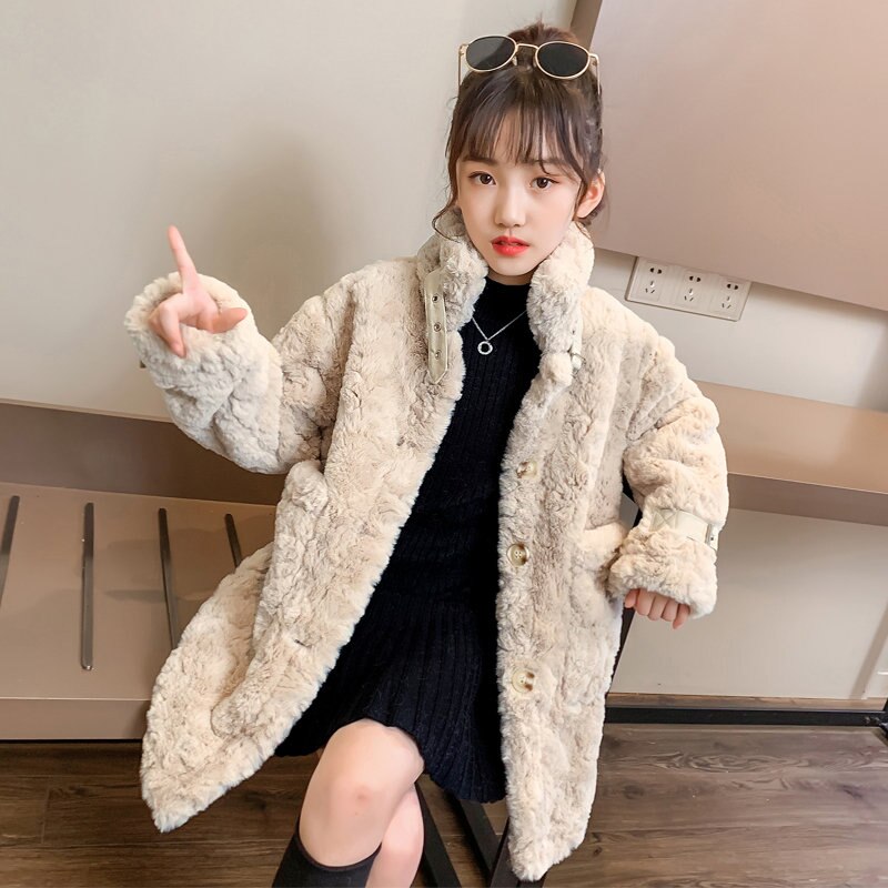 Herfst winter kinderen harige jas dikke windjack wol effen kleding tieners kinderen bovenkleding 4 to 13 jaar oud: Kahki / 4