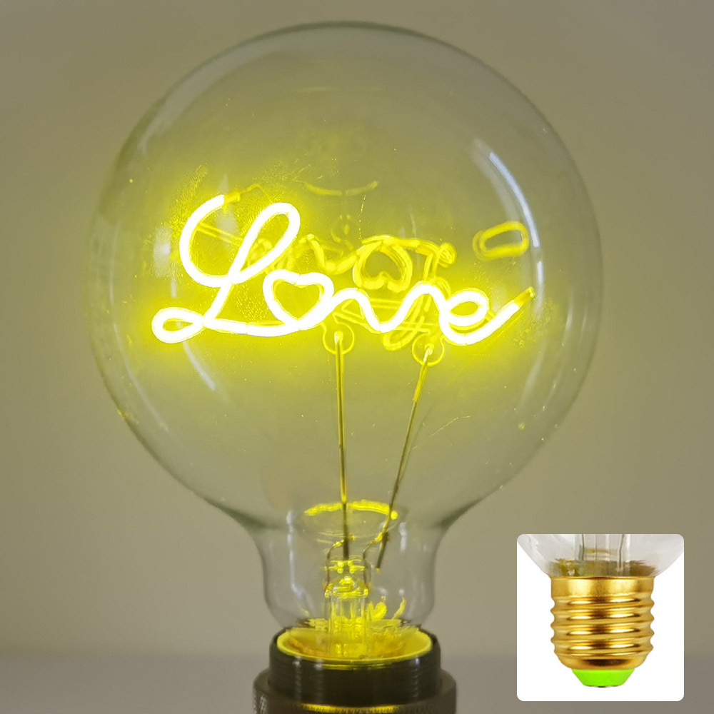 Led  g125 4w 220v dæmpbar kærlighed pink rød gul pære edison pære neon bogstav transparent skrivebordslampe omgivende soveværelseslys: Citrongul