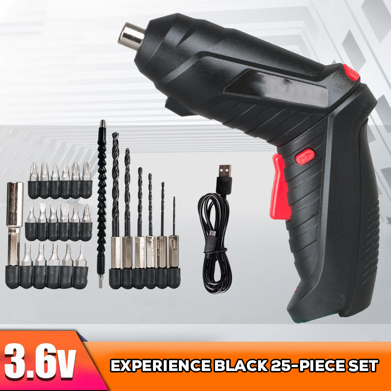 Electric Screwdriver 3.6V Portable USB Charging Cordless Battery Screwdriver Power Drill Bit Screw Driver Kit Hand Repair Tools: Black-25