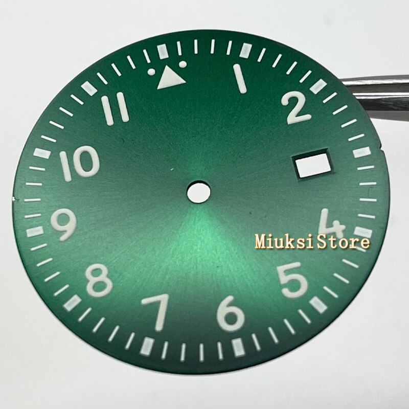 33.8Mm Zilver Kleur Horloge Onderdelen Steriele Sunburst Steel Wijzerplaat Fit NH35 Uurwerk Gezicht Groene Lichtgevende Marks Datum Venster: Green