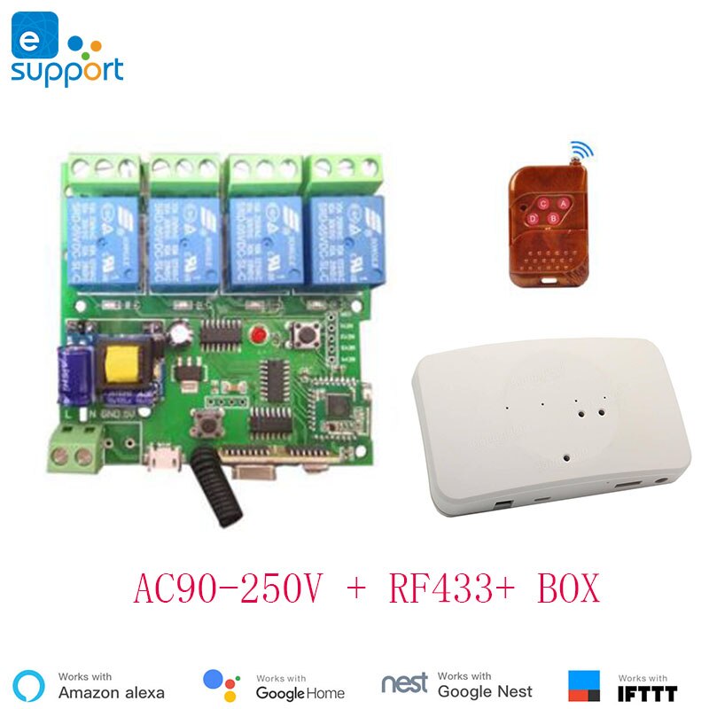 Ewelink smart DC5V/DC 7V-32V/AC 90V-250V 4 Channel inter-locking/inching/self-locking wifi+RF 4C switch for DIY smart home: AC 90-250V