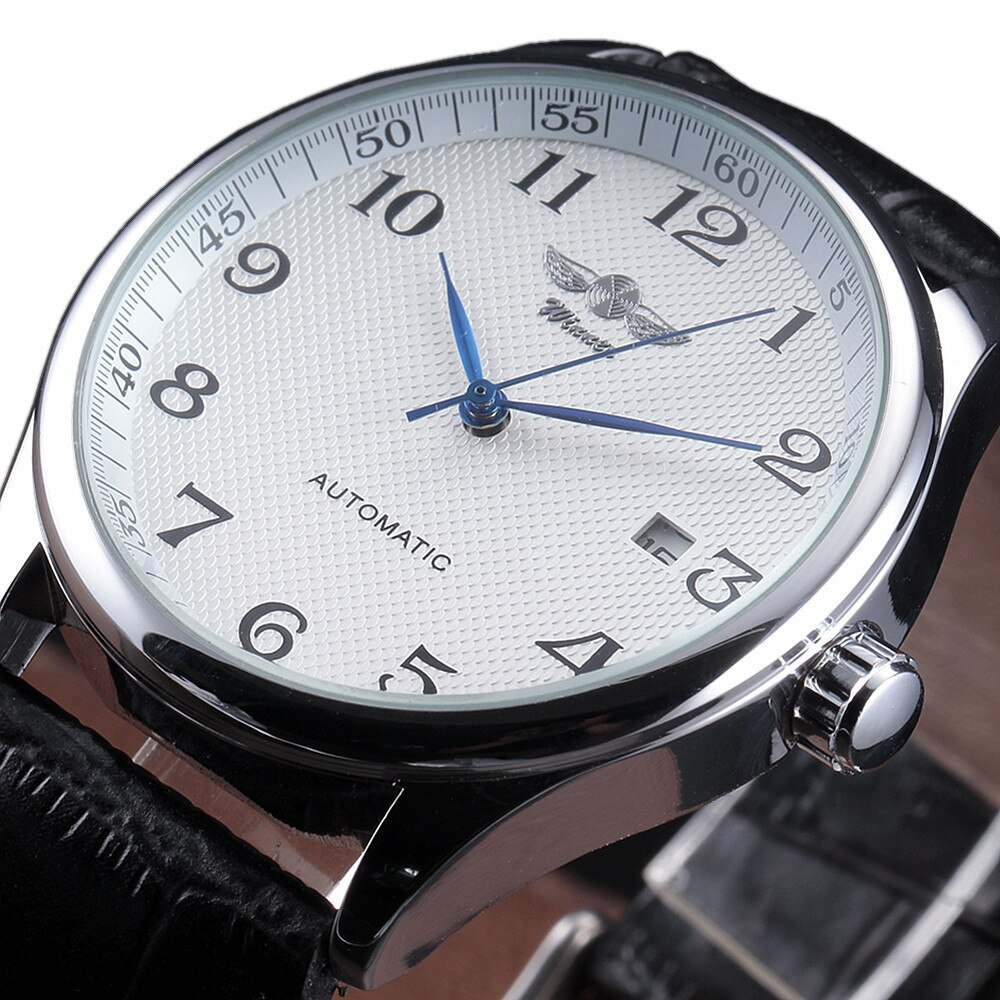 WINNER Famous Brand Men Business Automatic Watches Auto Date Man Mechanical Wristwatches Leather/Stainless Steel Band: White