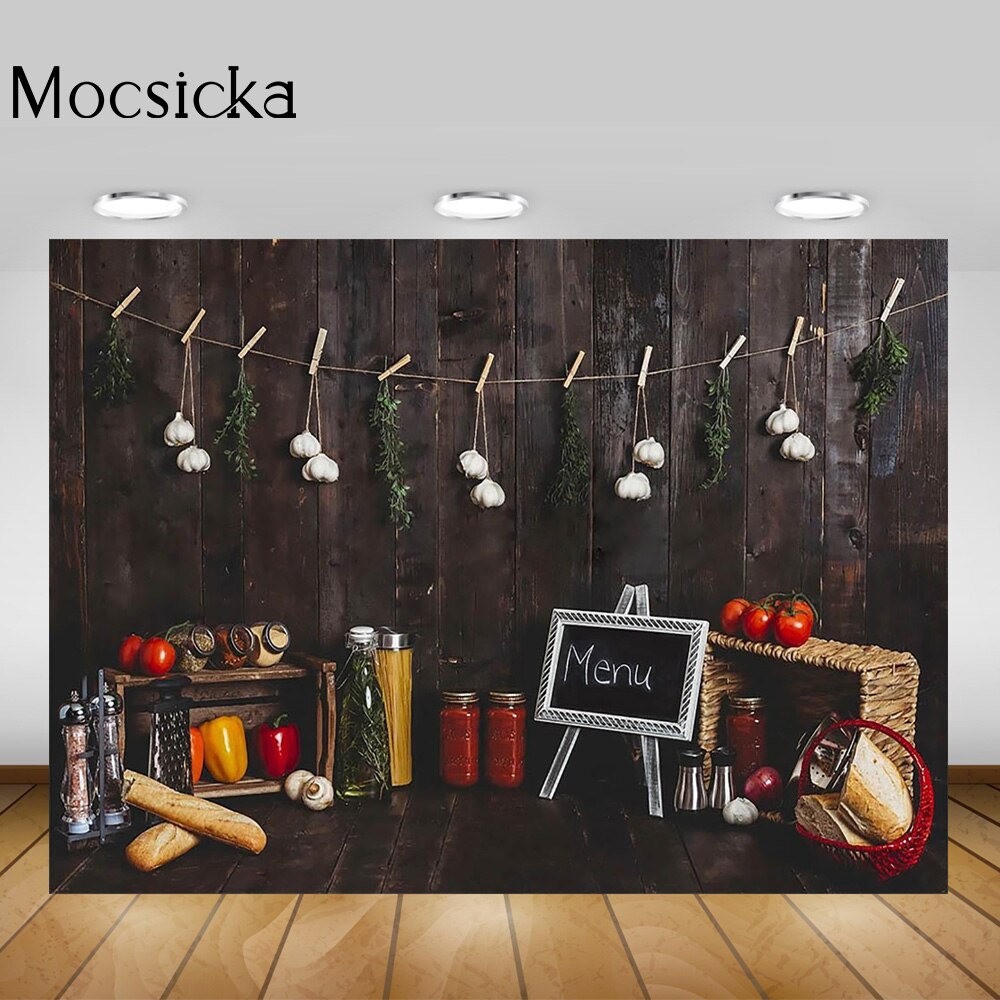 Menu kitchen Newborn Little Chef Birthday Portrait Backdrop Photo Studio Cook Birthday Cake Smash Background Wooden Bread Tomato