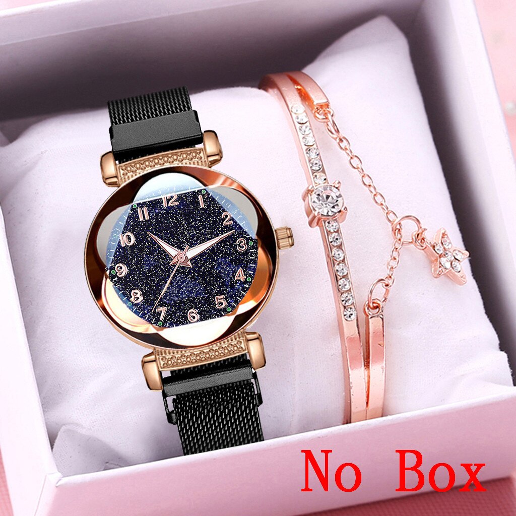 Women Bracelet Watch Set Magnet Buckle Starry Sky Luminous Arabic Numbers Watches Zegarek Damski Reloj Mujer: black bracelet