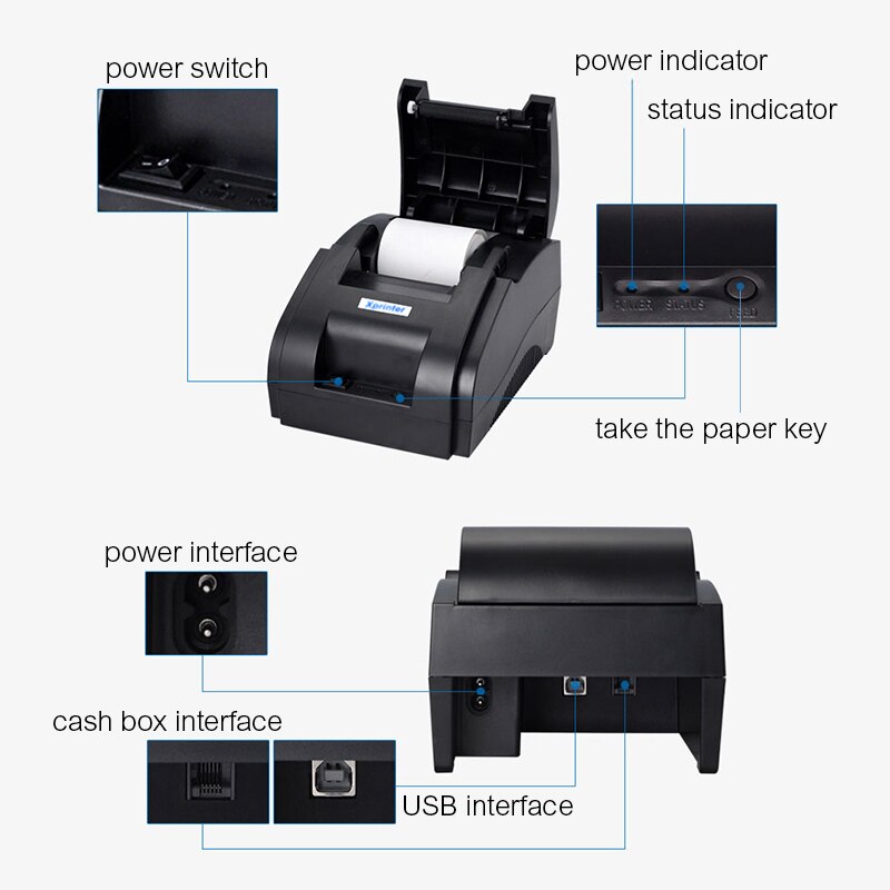 XP-58IIH Portable Thermal Receipt Printer 58mm Bluetooth Restaurants POS Mobile Printer Bill Printing Printers USB Machine