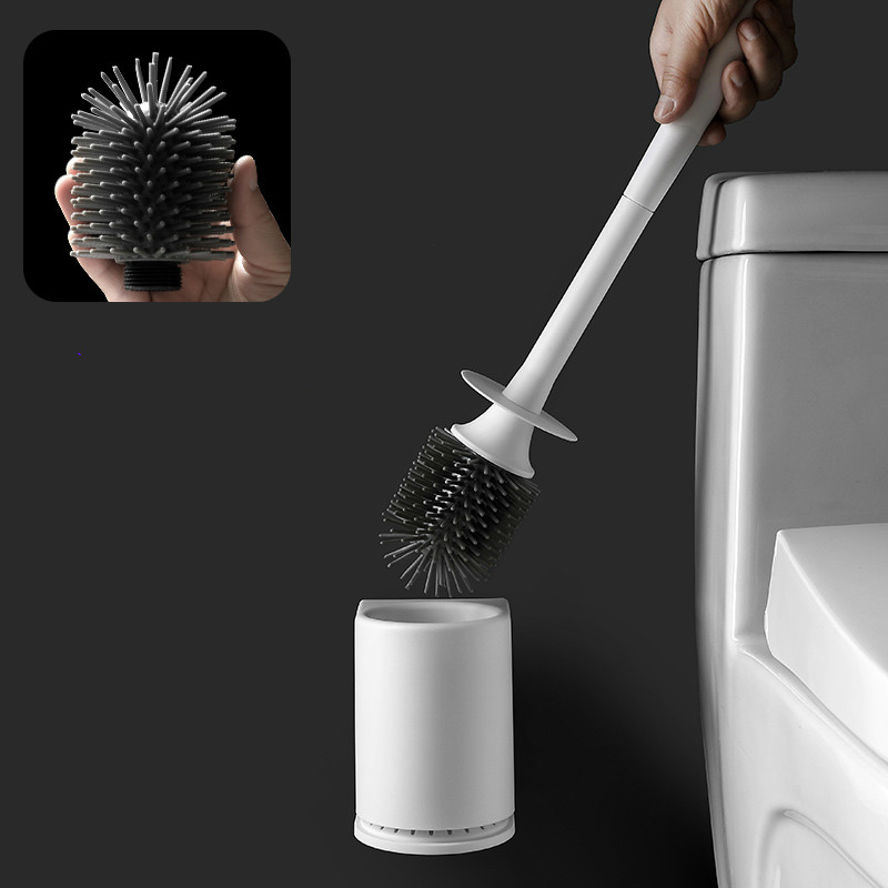 Silicone Toilet Brush with Soft Bristle Bathroom Toilet Bowl Brush and Holder Set, Thermo Plastic Rubber Cleaning Tools WJ11073