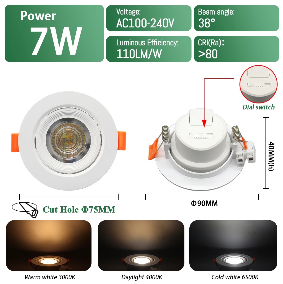 2 uds foco LED empotrable Dial Swich CCT luz de techo ajustada de 3 colores AC 120V 220V 3000K 4000K 6500K iluminación interior: Color blanco cálido