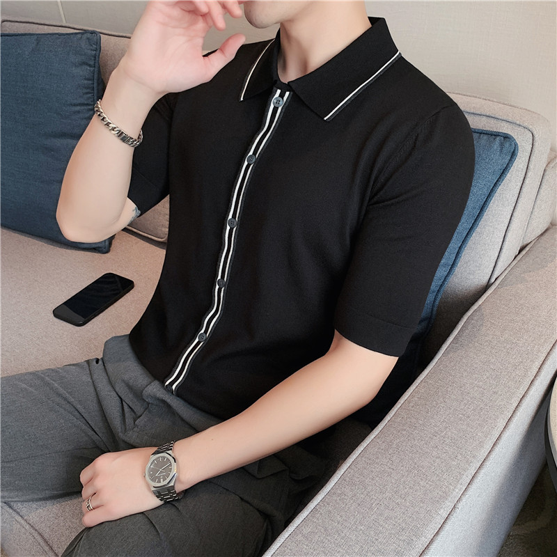 POLO de punto de manga corta para hombre, cárdigan ajustado de tendencia británica, con solapa de contraste de Color, informal de negocios, de verano