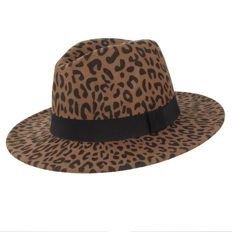 Gemvie bred skygge leoparduld fedora filthue til kvinder varm vinter panama hat jazz kasket med bånd: Brun