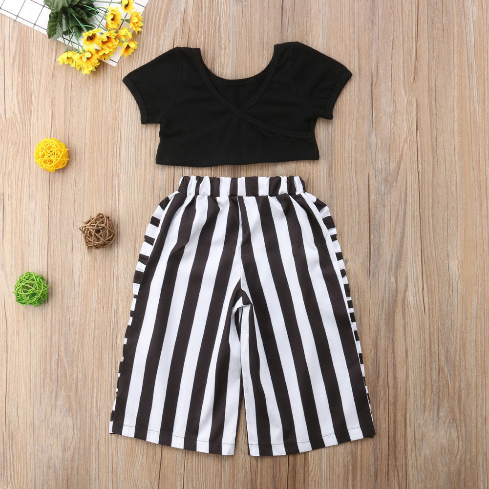 Toddler Kids Baby Girls T-shirt Tops+ Flare Striped Pants Summer Casual Outfit Clothes 2PCS Set