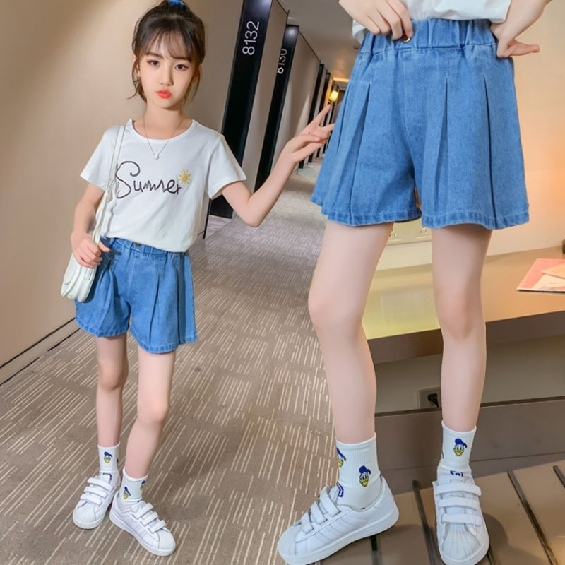 2022 Fashion New Girl Denim Culottes bambini Casual Jeans corti allentati pantaloni Teen Trend pieghettato bambini gonna allentata pantaloni 3-12 Y