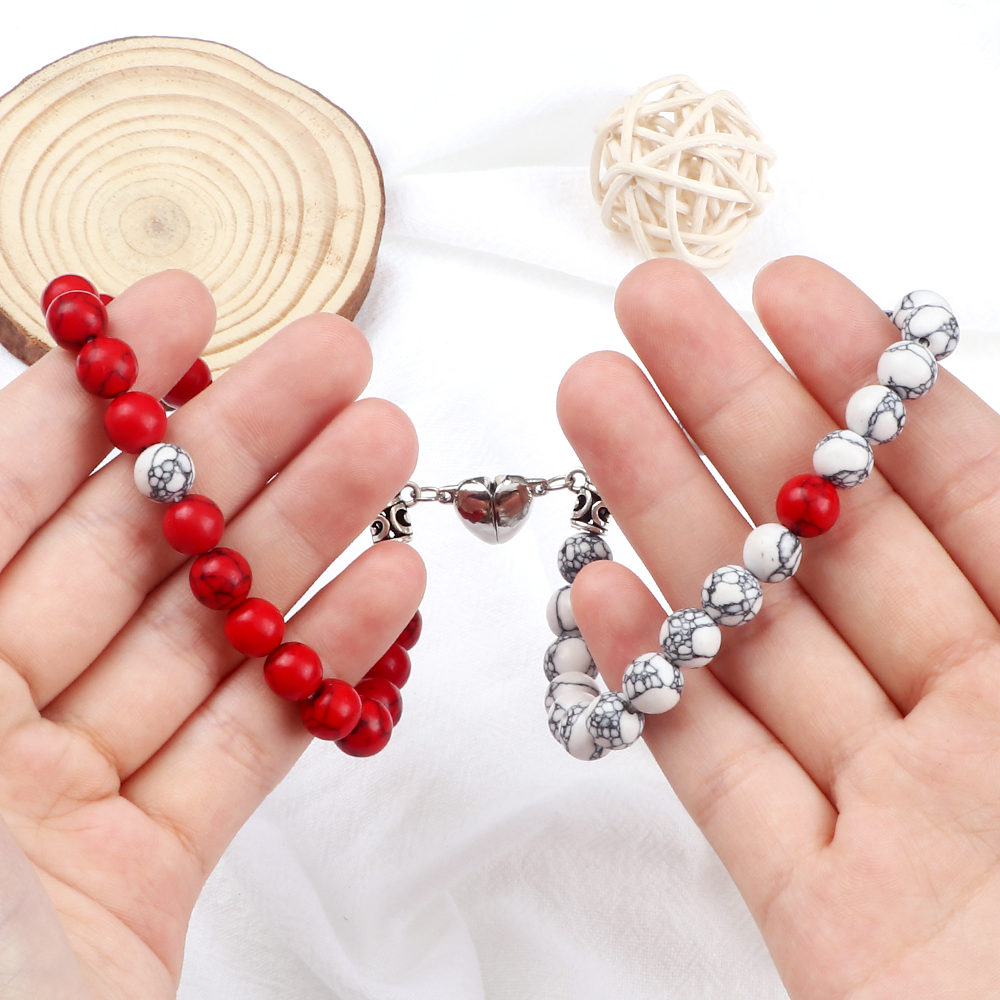 2 unids/set pulsera de cuentas de piedra Natural para pareja corazón imán hebilla pulsera distancia amistad amantes joyería de