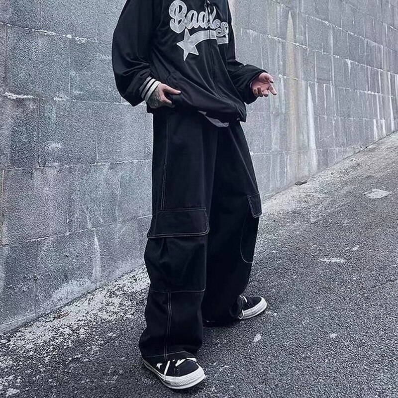 HOUZHOU Black Cargo Pants for Men Baggy Wide Leg Trousers Male Autumn Men&#39;s Cargo Trousers Japanese Streetwear Hip Hop Harajuku