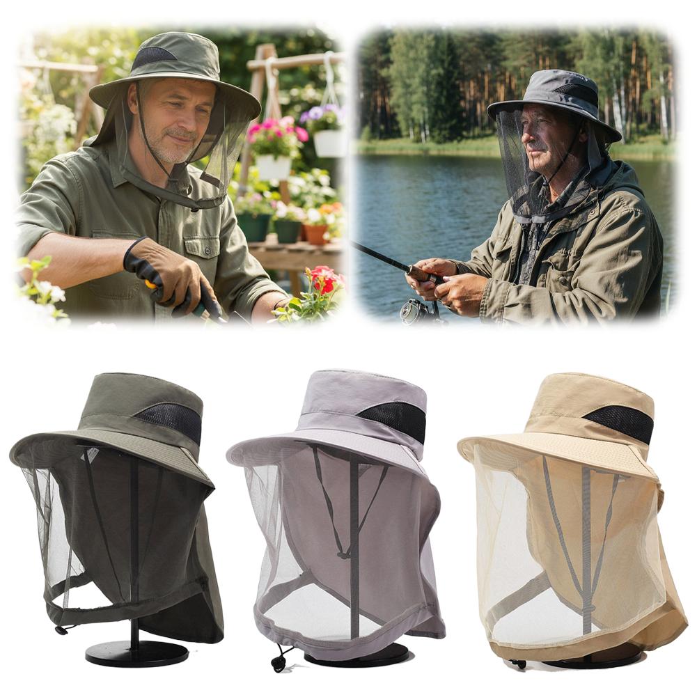 Muggennet zonnehoed voor heren en dames, UV-bescherming, brede rand, bucket hat met gaas, verstelbare kinband voor vissen, wandelen, tuinieren