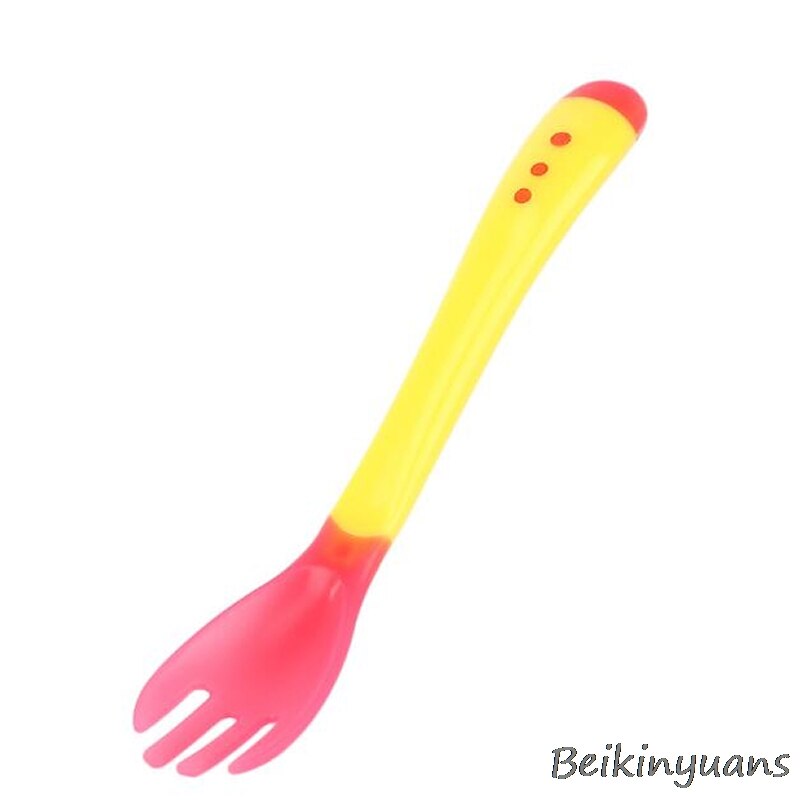 Vajilla con sensor de temperatura para niños, platos de aprendizaje para bebés, bandeja con bol y ventosa: Yellow fork