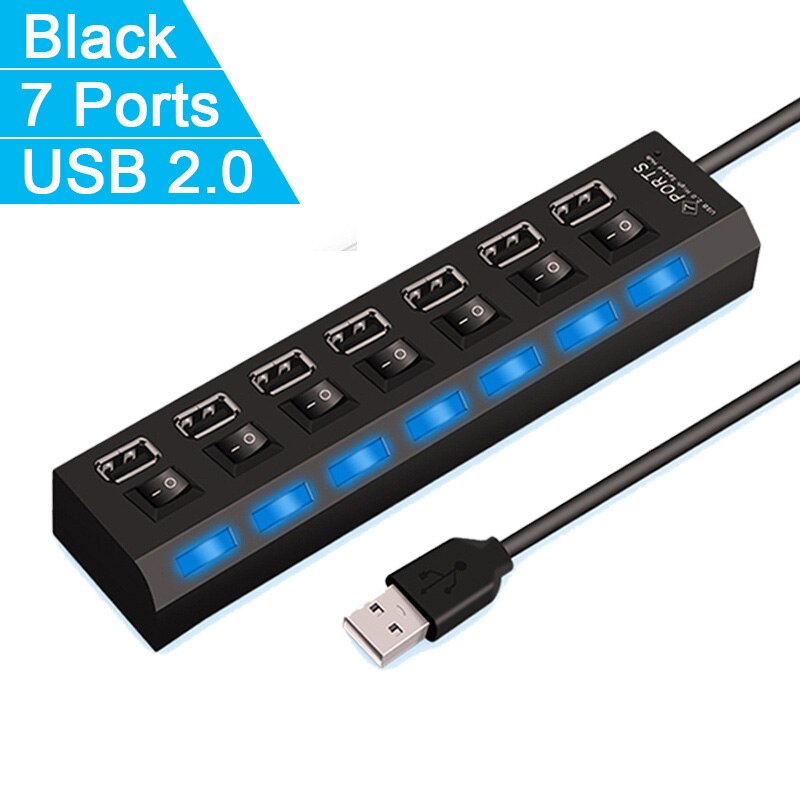 USB Hub 7 Ports High Speed USB 2.0 Hab Adapter Hub USB Splitter Extender For PC Laptop Computer: Black