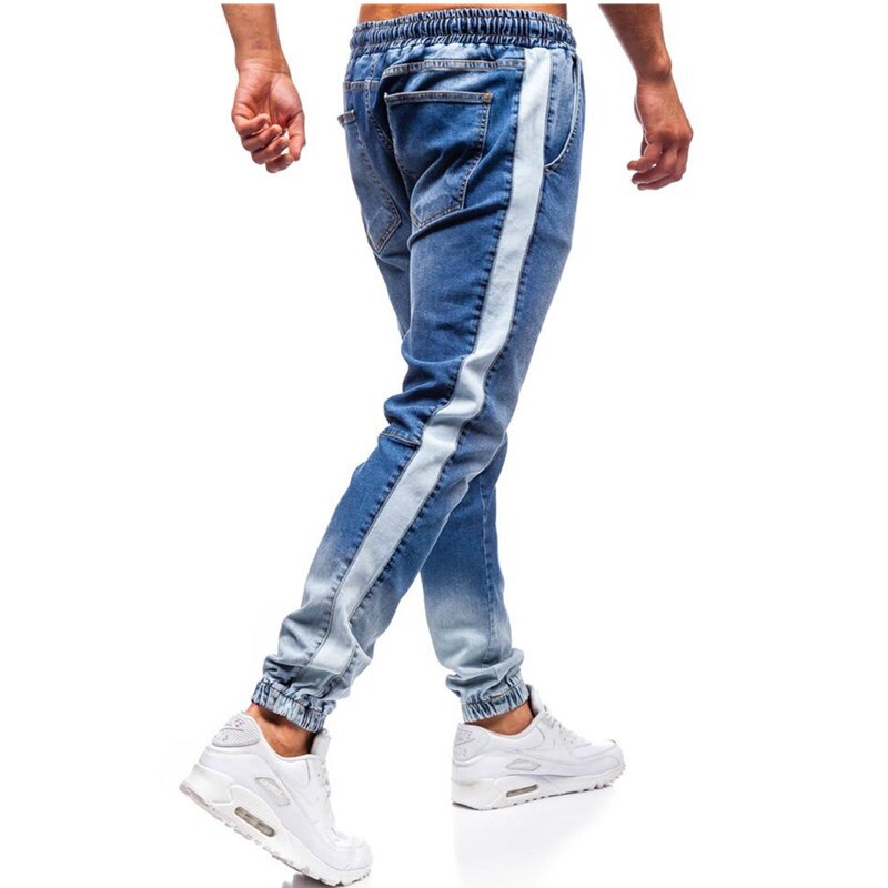 Män jeans trendiga män skinny jeans biker förstörd sliten passform jeans ripped jeans byxor sidan rand penna byxor casual jeans: Blå / Xxxl
