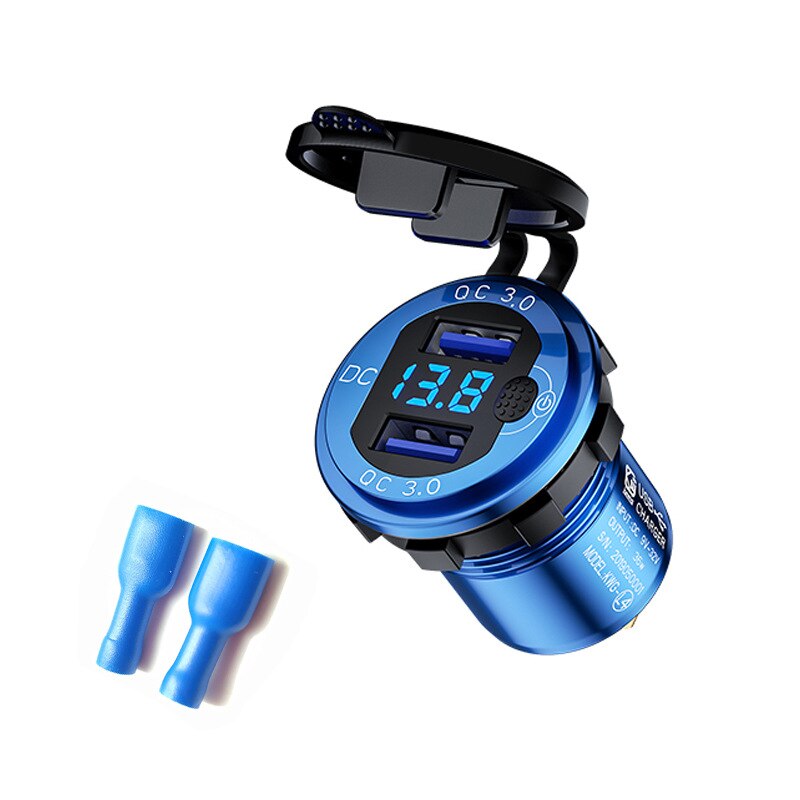 Led Display 36W QC3.0 Auto Aansteker Plug Metalen Waterdichte Universele Motorfiets Truck Usb Charger Socket Voor Telefoon Tablet: Blue