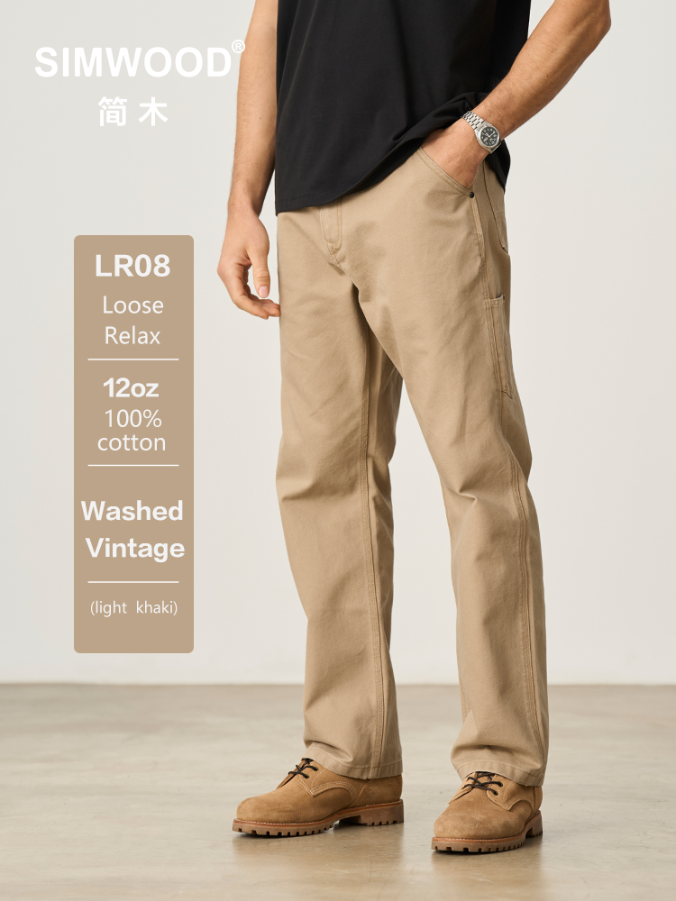 SIMWOOD 2025 Lente Losse Relax 12 oz Canvas Stof Timmerman Broek Mannen Gewassen Vintage Broek