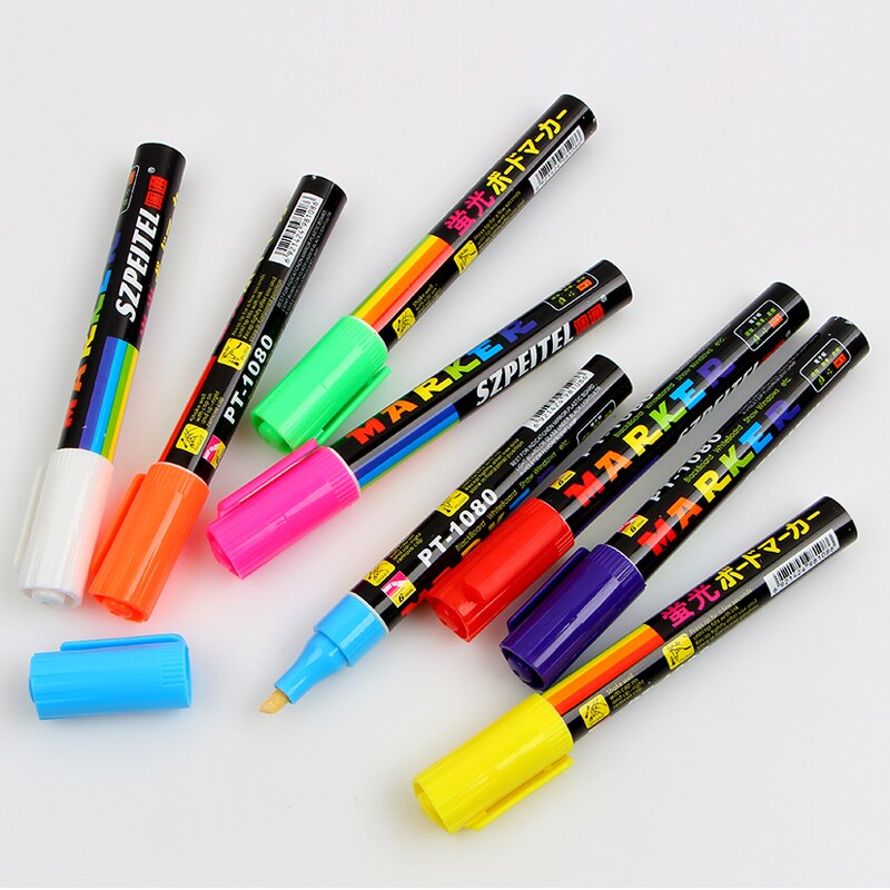 8 väriä 6mm pyyhittävä vino korostuskynäsarja nestemäinen liitu fluoresoiva neon led ikkuna lasi maalikynät valkotaulu tussi