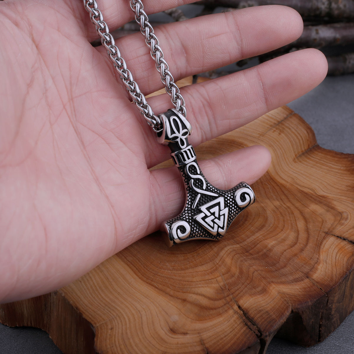 Stainless Steel Viking Mjolnir Quake and Odin Rune Necklace Men's Vintage Charm Vintage Pendant Viking Jewelry: Blue Zinc
