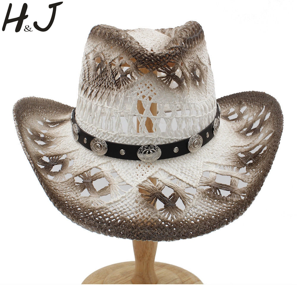 Frauen Männer Western Cowboy Hut Mit Leder Punk Band Handgemachte Webart Strand Sonne Sombrero Cowgirl Hut Größe 58 cm A0066