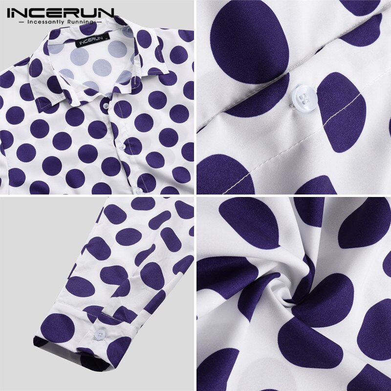 Men Casual Shirt Polka Dot Lapel Neck Hawaiian Tops Long Sleeve Button Chic Mens Brand Shirts Camisa INCERUN S-5XL