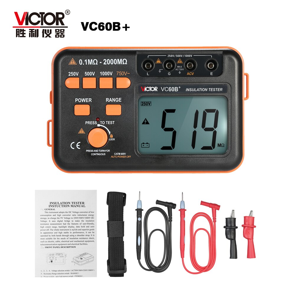 Victor VC60B+ Digital Insulation Resistance Tester 1000V Original Megger Insulation Tester DC/AC 0.1~2000m ohm