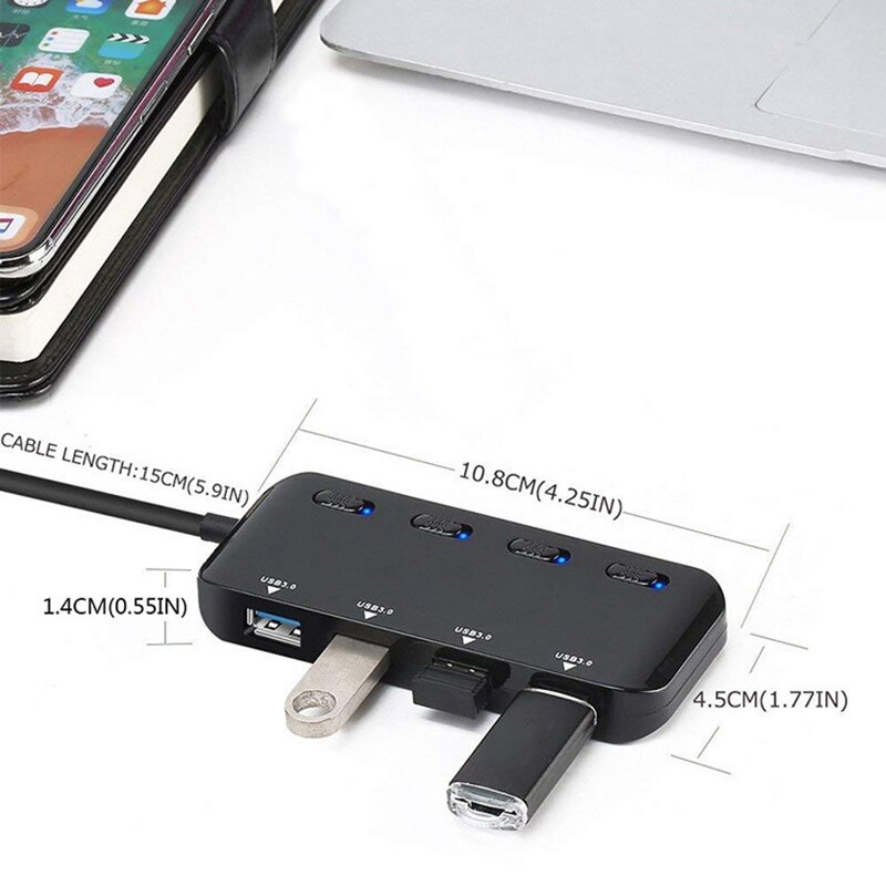 USB3.0 Hub 4 Port-Ultra Slim USB 3.0 Data Hub with Individual On/Off Switches and LEDs USB 3.0 Extension Splitter for PC