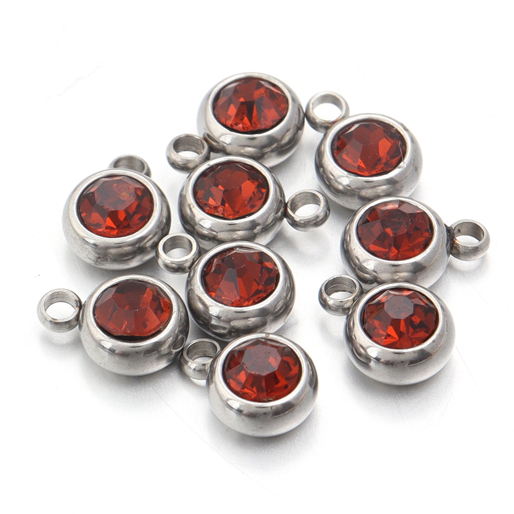 10pcs/lot Stainless Steel Birthstone Pendant 6mm Flat Round Rhinestone Charms Pendant For DIY Jewelry Making Necklace Bracelet: Antique Gold Plated