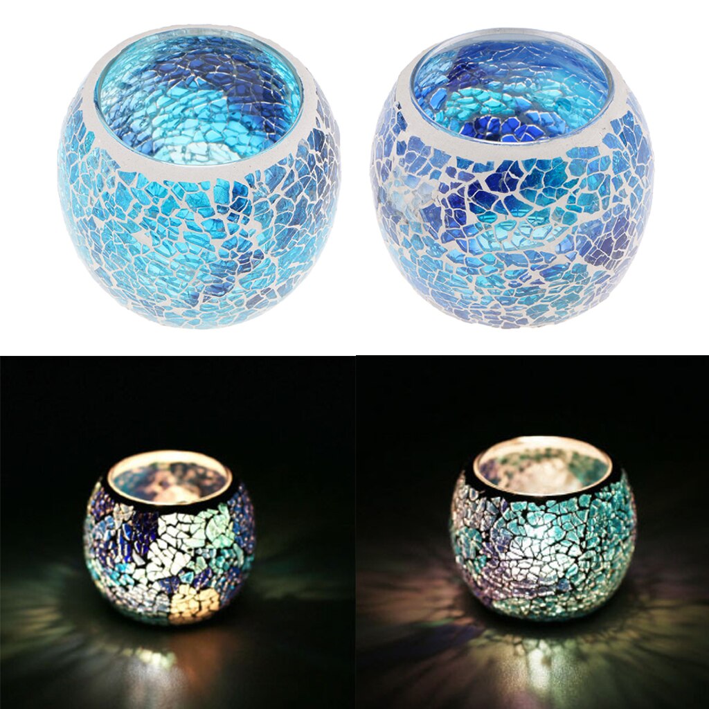 2Pcs Vinatge Mozaïek Glas Votive Kaarsen Theelichtjes Houder Blauw Kandelaar Kaars Kom Cups Set