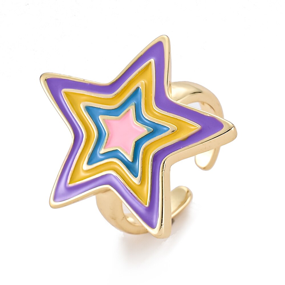 Rainbow Enamel Druipend Olie Ster Hart Ringen Voor Vrouwen Koper Goud Kleur Zirconia Punk Ringen Trendy Sieraden Verstelbare: 3