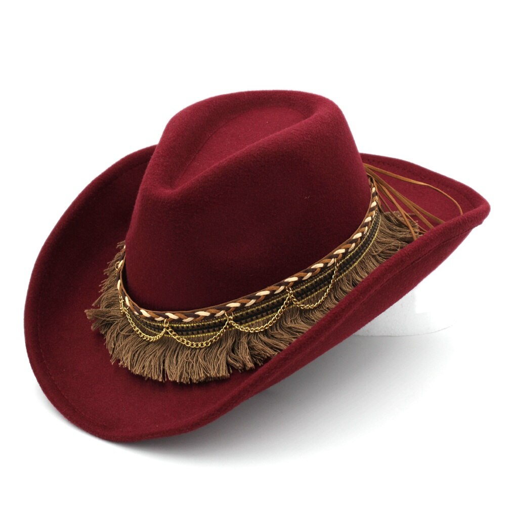 Mistdawn Vintage Unisex lana mezcla vaquero occidental gángster Sombrero al aire libre de ala ancha Sombrero padrino sombreros para la Iglesia de Jazz Sombrero: wine red