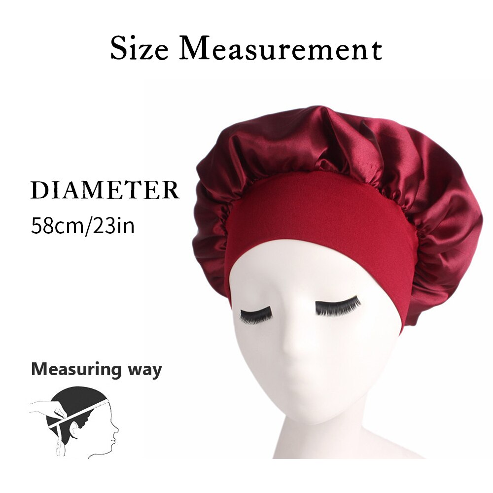 Solid Color Long Hair Care Women Satin Bonnet Cap Night Sleep Hat Silk Head Wrap Adjust Shower Caps Knitted Cap 58cm