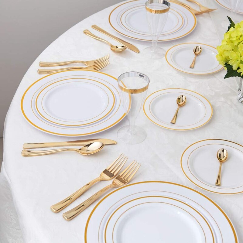 Guld engangstallerkener-dessert/appetitvækker tallerkener med guldkant ægte porcelænslook til bryllupper, fester, catering, fødselsdagsfester