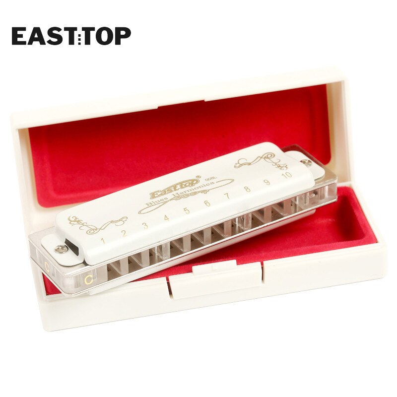 EASTTOP T008L Diatonic Blues Harmonica Key of D 10 Holes Harp Mouth Organ Harmonica with White Cover for Adults Professionals