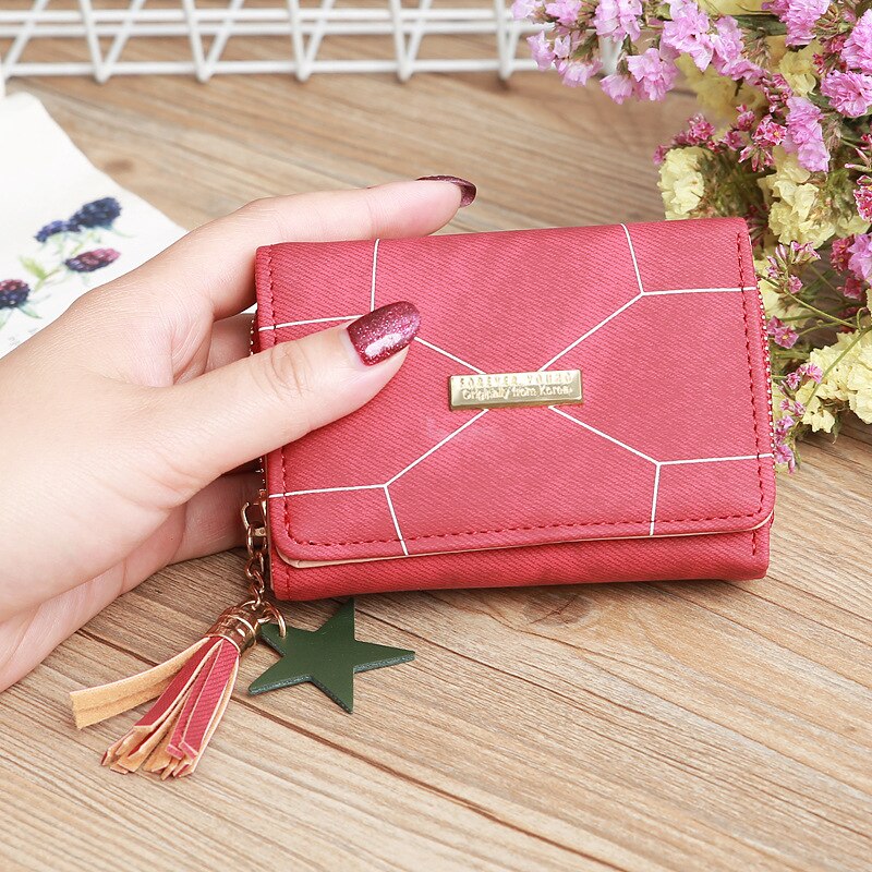 Women's short wallet PU leather female plaid wallet tassel card holder wallet woman small zipper wallet coin purse