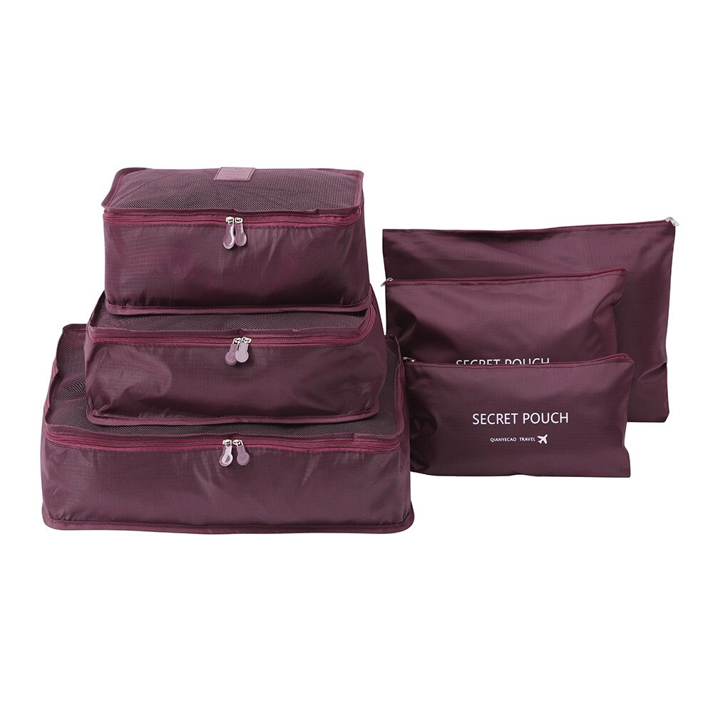 6pcs Travel Set hoogwaardige Koffer Organisator Kleding Wasserij Draagbare Opbergtas Verpakking Bagage Organizer Bag: Wine red