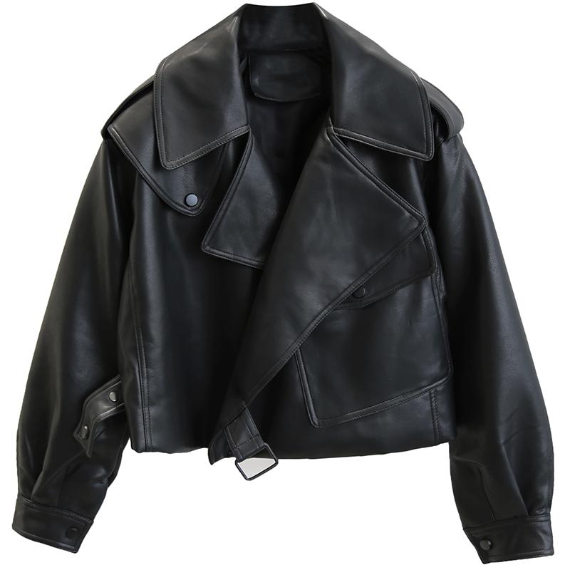 Chaqueta de cuero sintético para mujer, abrigo rojo y blanco con cuello vuelto, ropa de calle holgada, prendas de vestir exteriores, Primavera, 2022: Negro / L