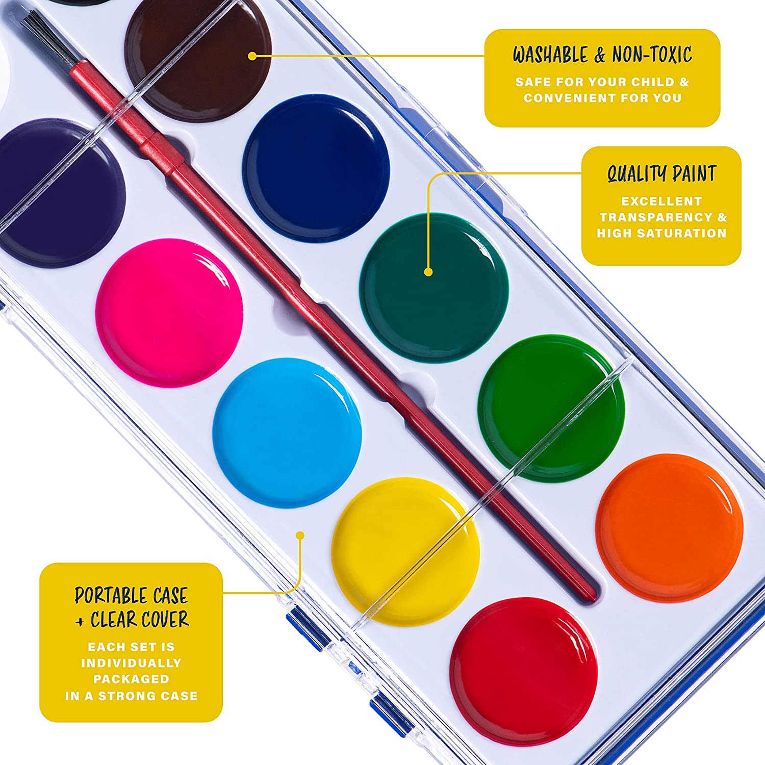 Juego de acuarelas lavables para niños y adultos, 6-24 colores, perfectas para la escuela y en casa, incluye pincel