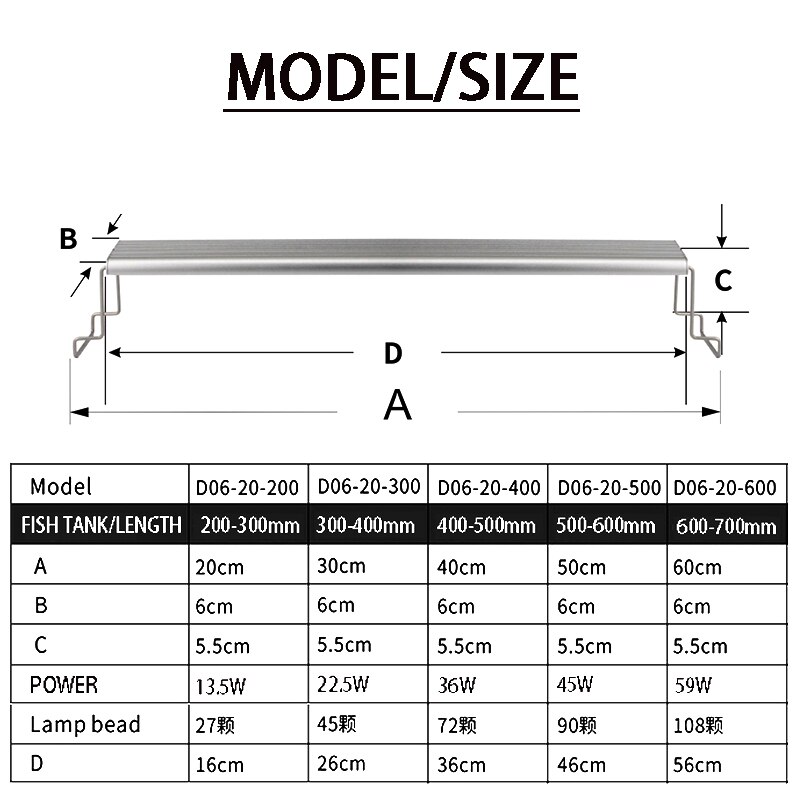 Lámpara acuática de aleación de aluminio para acuario, luz LED ultrafina de 18-65CM, ampliable, resistente al agua, lámpara de jardinería acuática